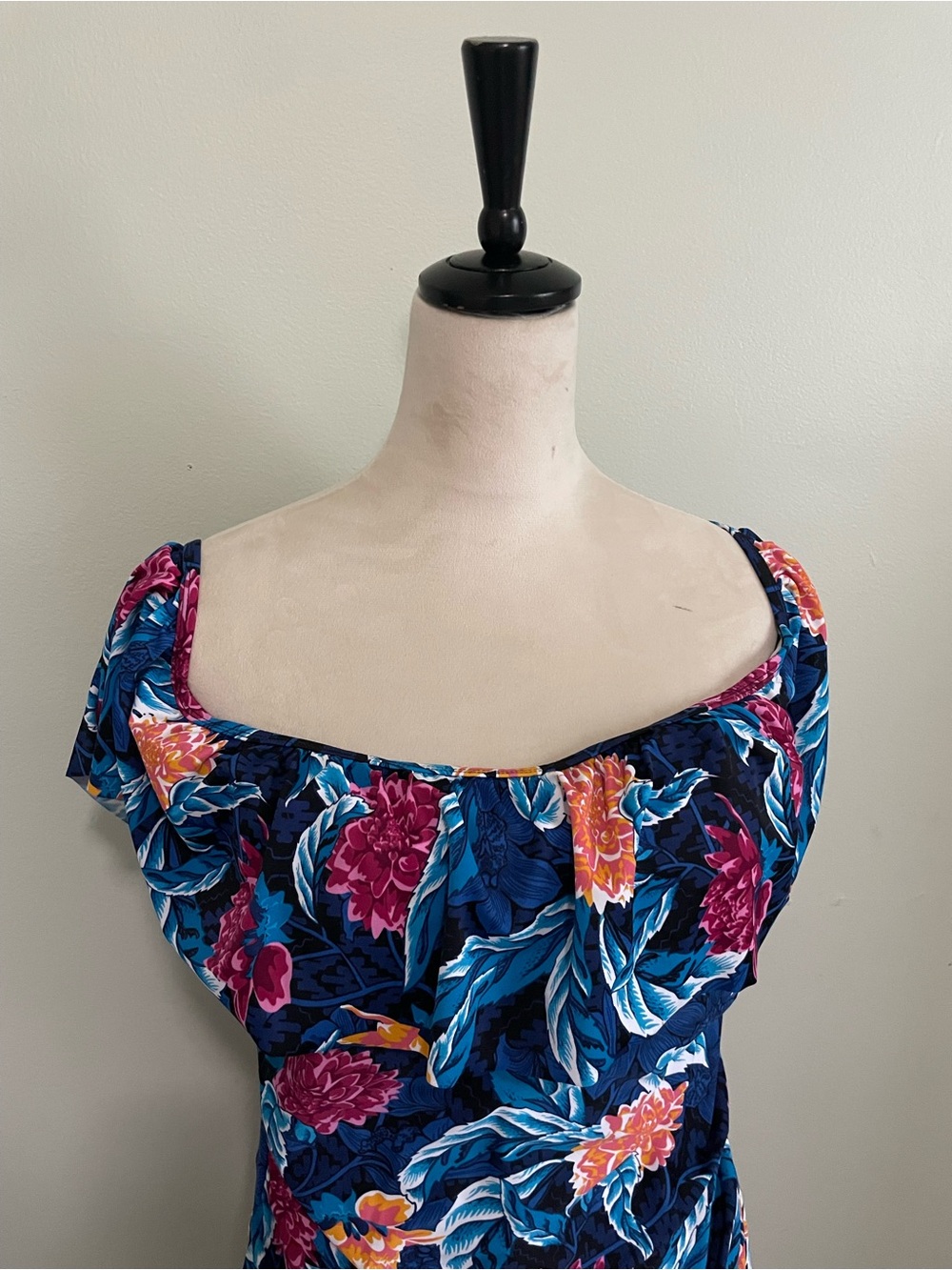 Floral Navy One-Piece Swim Suit with Off-Shoulder Detail - Picture 2 of 7